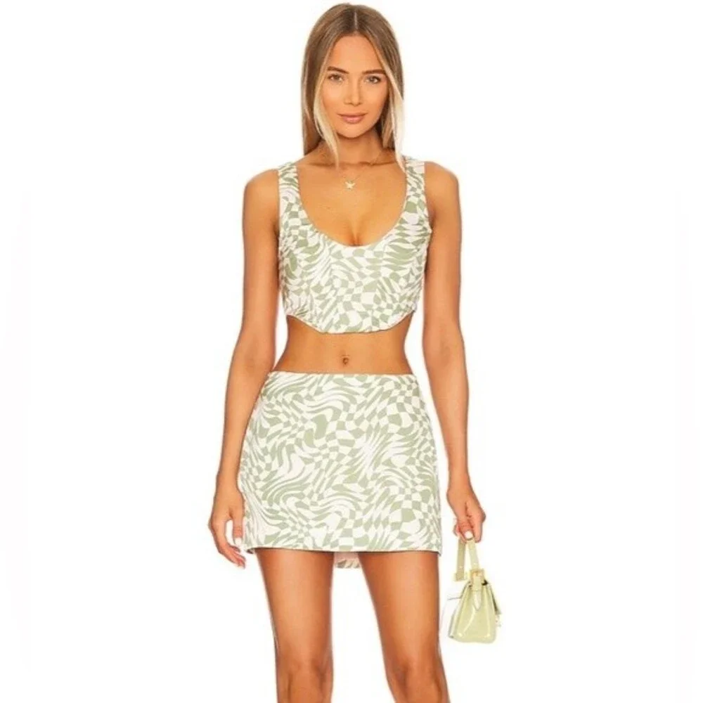 NEW For Love & Lemons Aiko Green and Blush Geometric Print Mini Skirt Size M